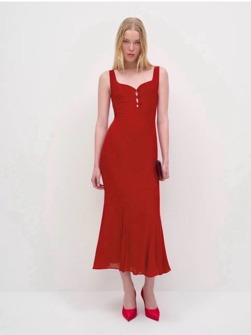 Reformation Laine Red Button-Front Sleeveless Midi Cocktail Dress